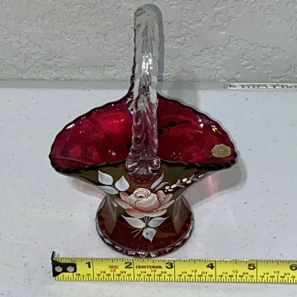 VTG Westmoreland Cranberry Pink Red Glass Basket 7
